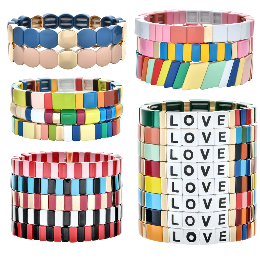 Hot Fashion Multicolor Enamel Colour Elasticity Bracelets Colorful Fashion Bangles for Men Stacking Alloy Tile Bracelet Pulsera