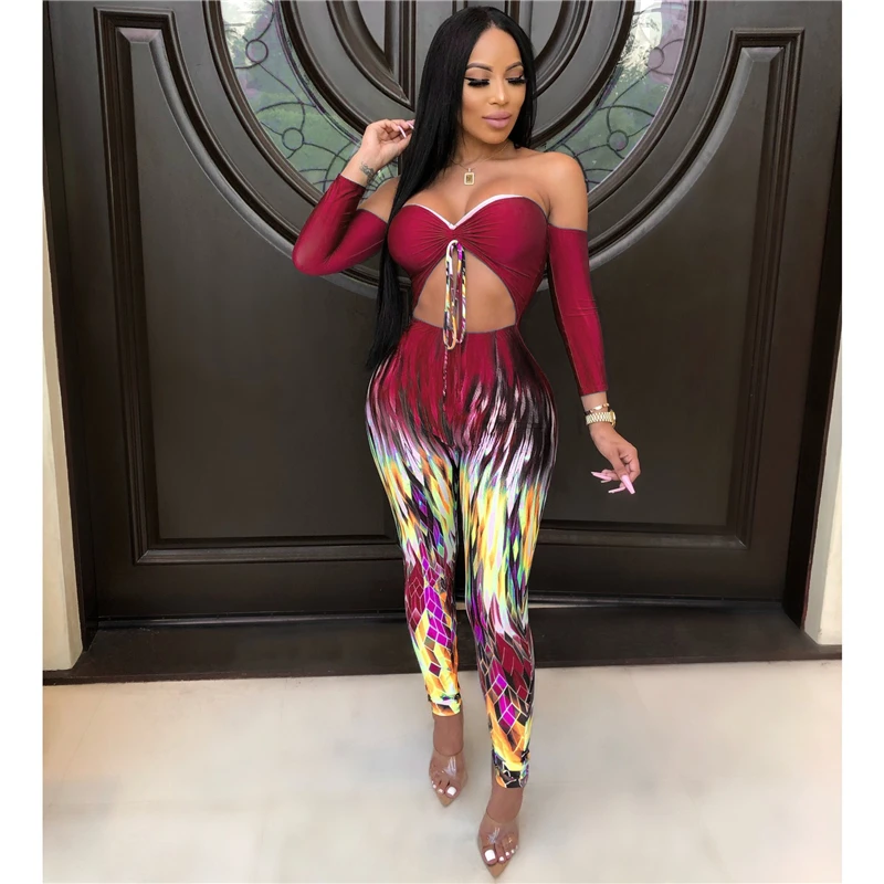 

Adogirl 2019 Autumn New Bandage Jumpsuits Cutout Drawstring Strapless Off Shoulder Long Sleeve Slim Romper Fashion Print Pants