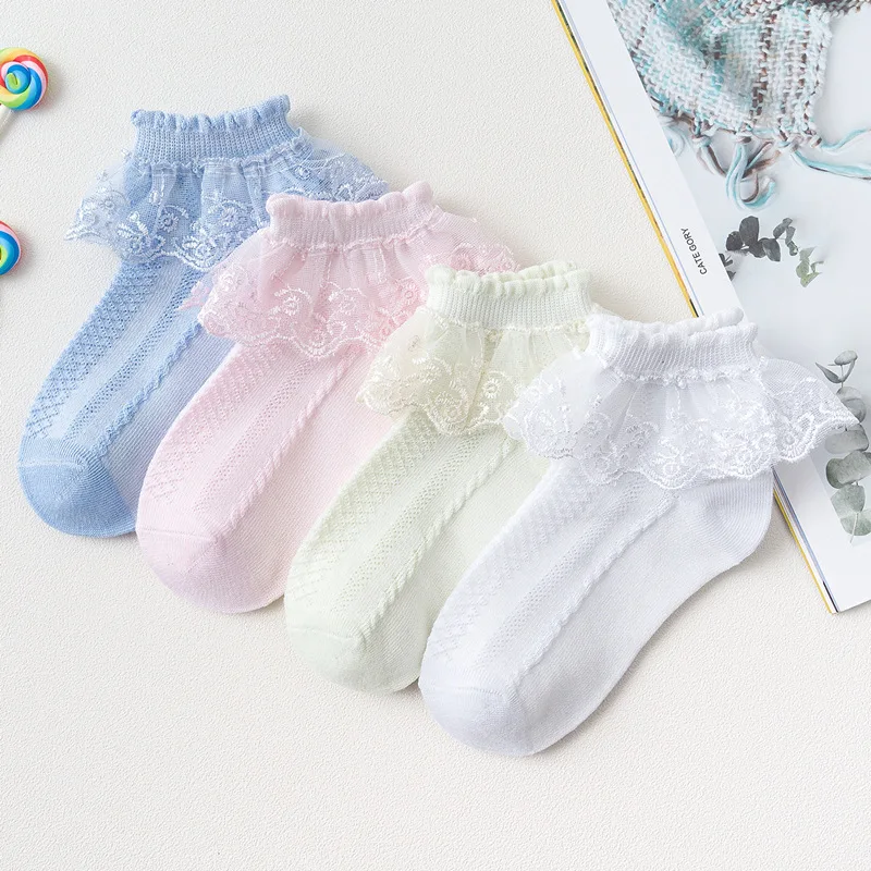 Calcetines de moda de verano para ni&ntilde;os, medias de algod&oacute;n con volantes para beb&eacute;s, bonitos, de dise&ntilde;ador, de encaje, color blanco y rosa-1