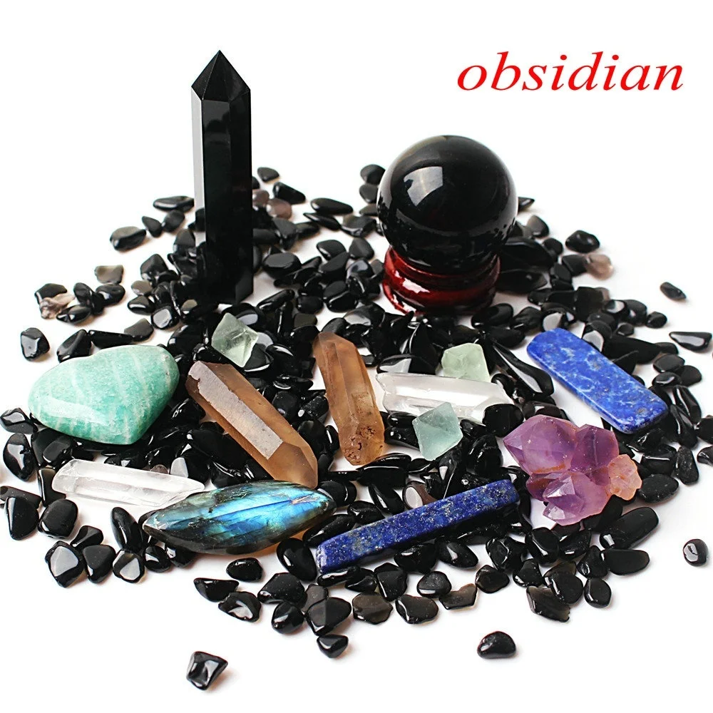 Obsidian 1 комплект много смешанных натуральных кристаллов обелиска шариковая палочка сердце гравий минералы образец рейки целебная домашняя декоративная статуэтка - Цвет: Obsidian