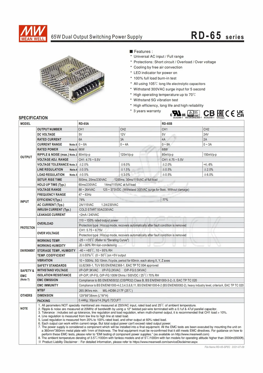MEAN WELL RD-65A meanwell RD-65 66 Вт Двойной выход импульсный источник питания | Обустройство