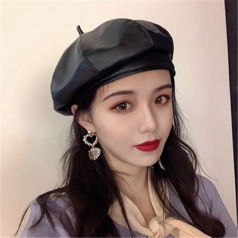 Осенне зимняя английская шапка Женский Ретро берет из искусственной кожи