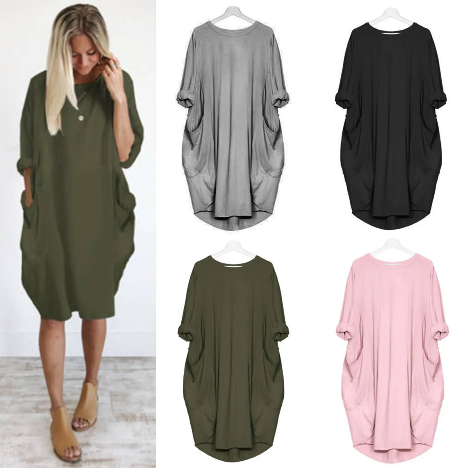 

Summer Casual Wear Women’s Pocket Design Loose Fashion Long Sleeve Dress