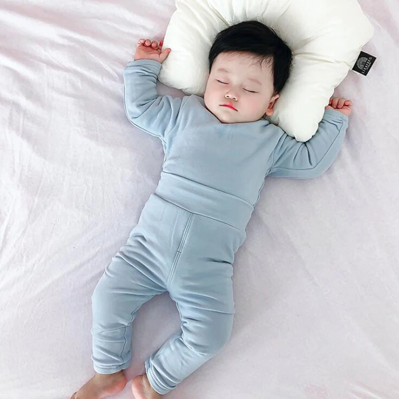 Хлопковая однотонная Пижама для малышей детский зимний комплект одежды сна с