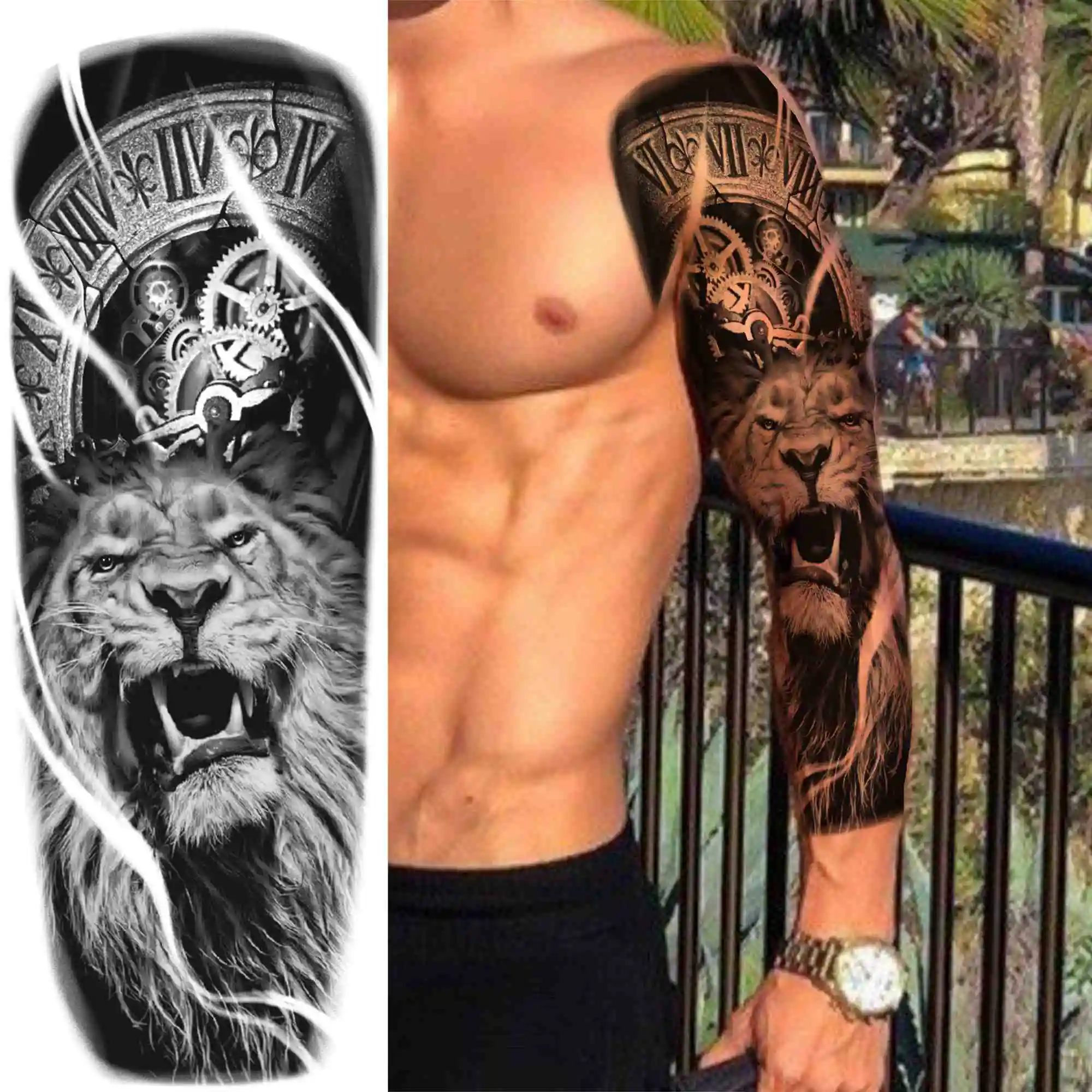 

Black Lion King Temporary Tattoos Sleeves For Men Women Adult Gems Wolf Compass Fake Tatoos Large Full Arm Tattoo Sticker