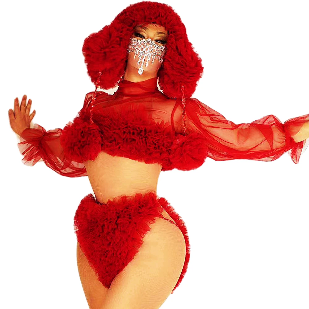 

Longsleeves Transparent Gauze Bodysuits Sknny Elastic Ladies Pile Collar Jumpsuit Jazz Dance Costume Nightclub Singer Stage Wear