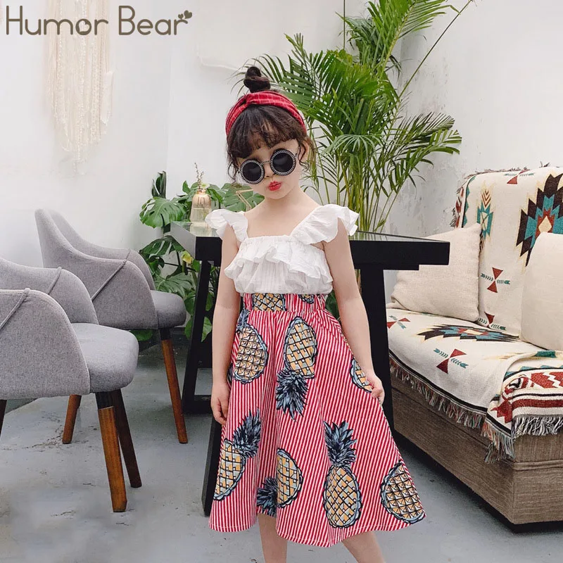 Humor Bear/Одежда для маленьких девочек Футболка с цветочным принтом и открытыми плечами топ+ широкие штаны с оборками, комплект одежды Модный комплект детской одежды