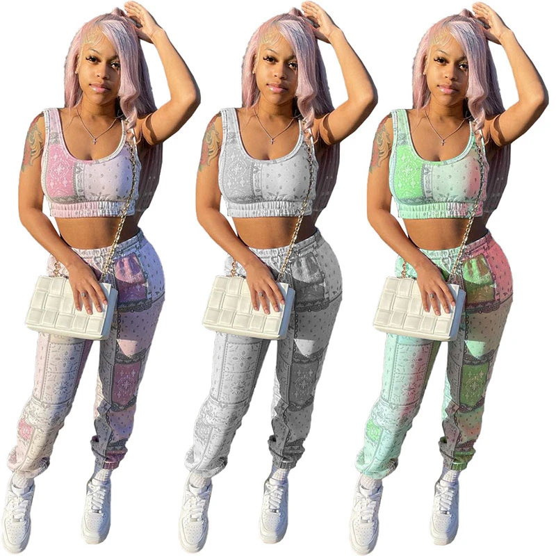 Bandana Paisley Print Women Summer Two Piece Set Sleveless Crop Top And Long Drawstring Joggers Fashion 2pcs Outdoor Sports Sui