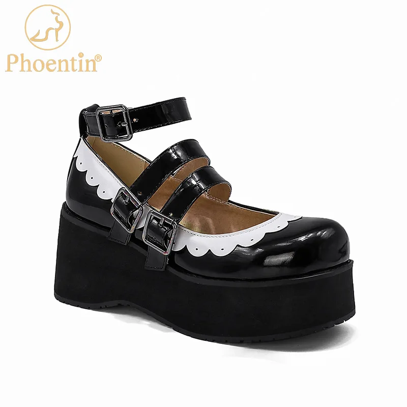 

Phoentin shoes woman buckle strap thick bottom 7cm mary jane platform 2020 lolita shoes big size red white black wedges FT1038