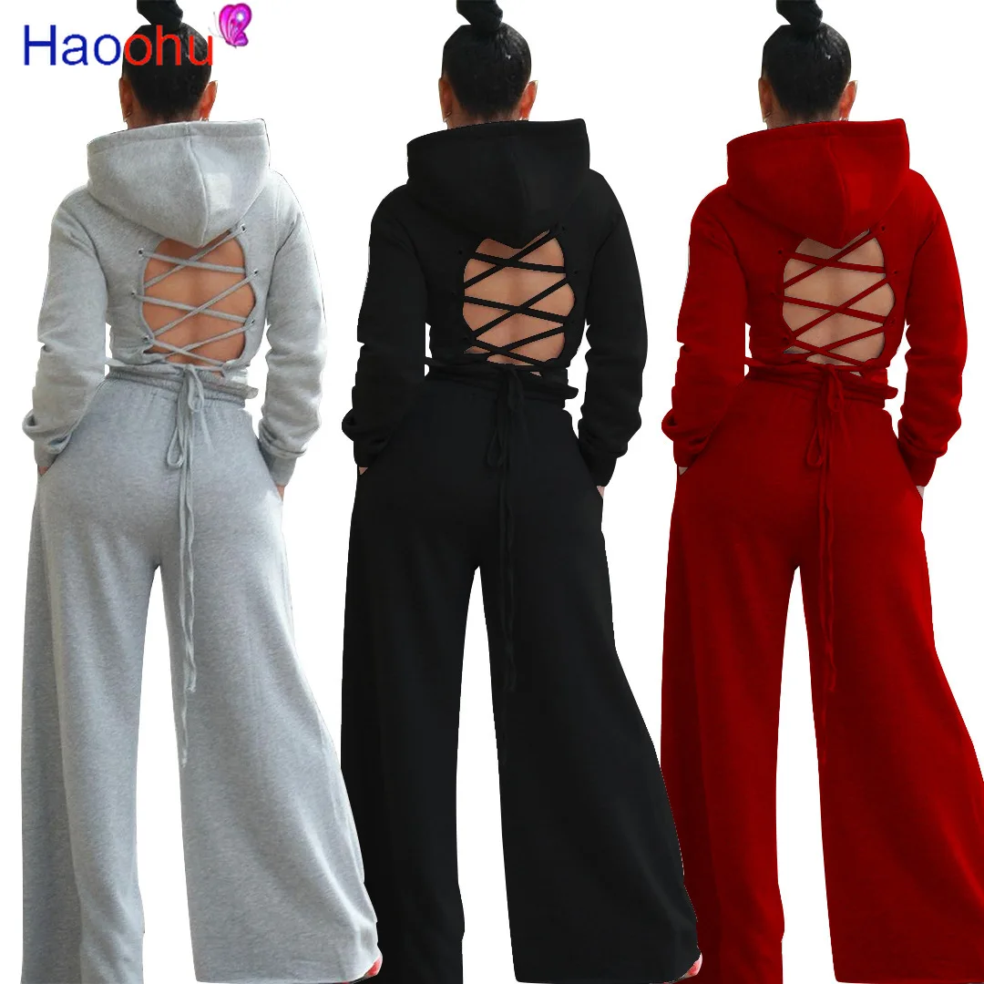 

Женский комплект HAOOHU со шнуровкой и вырезами на спине, короткий топ с капюшоном и прямые штаны, сексуальный клубный костюм для вечевечерние,...