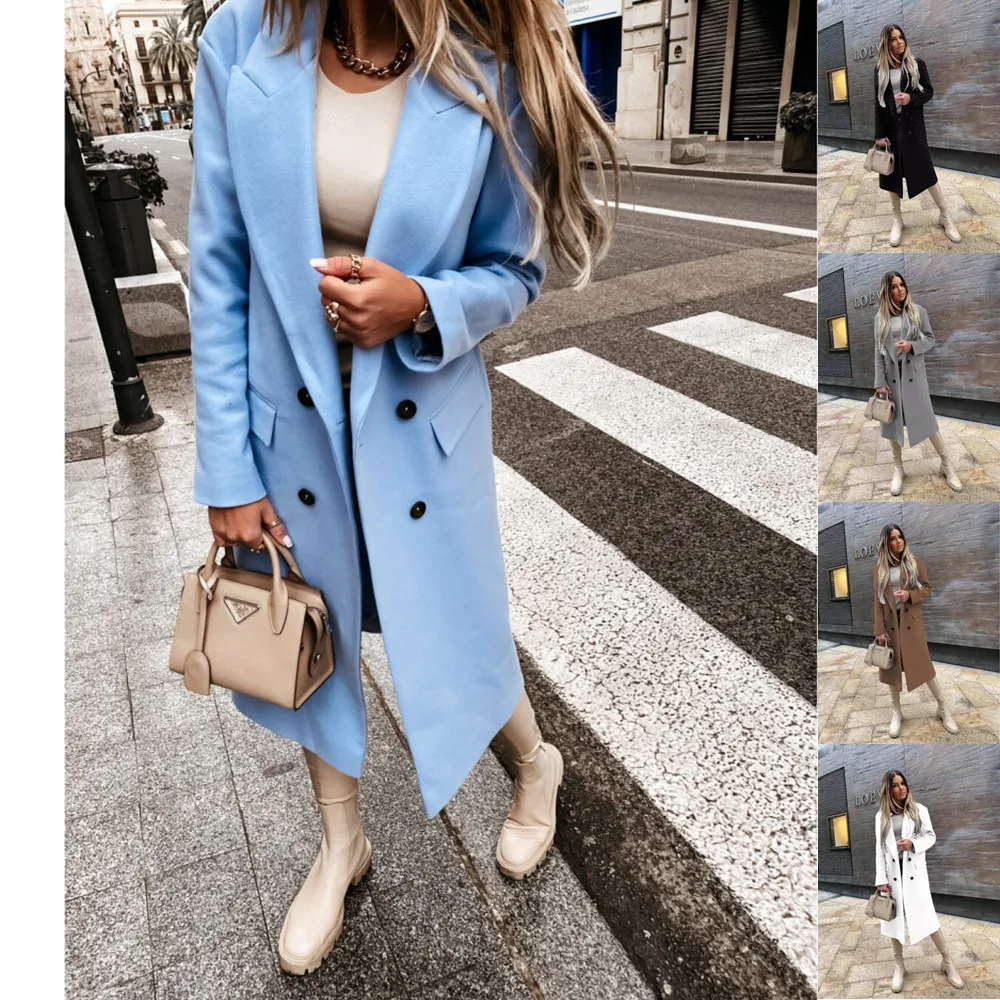 

Autumn Women Long Woolen Coat Fashion Women Clothes Black Coat Long Sleeve Top Blue Coat Casual Winter Streetwear Loose Outwear