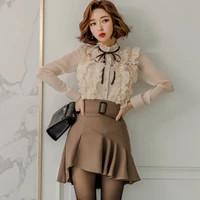 fashion summer sets for women new arrival korean simple casual lace shirt and mini skirt trend elegant slim two piece sets