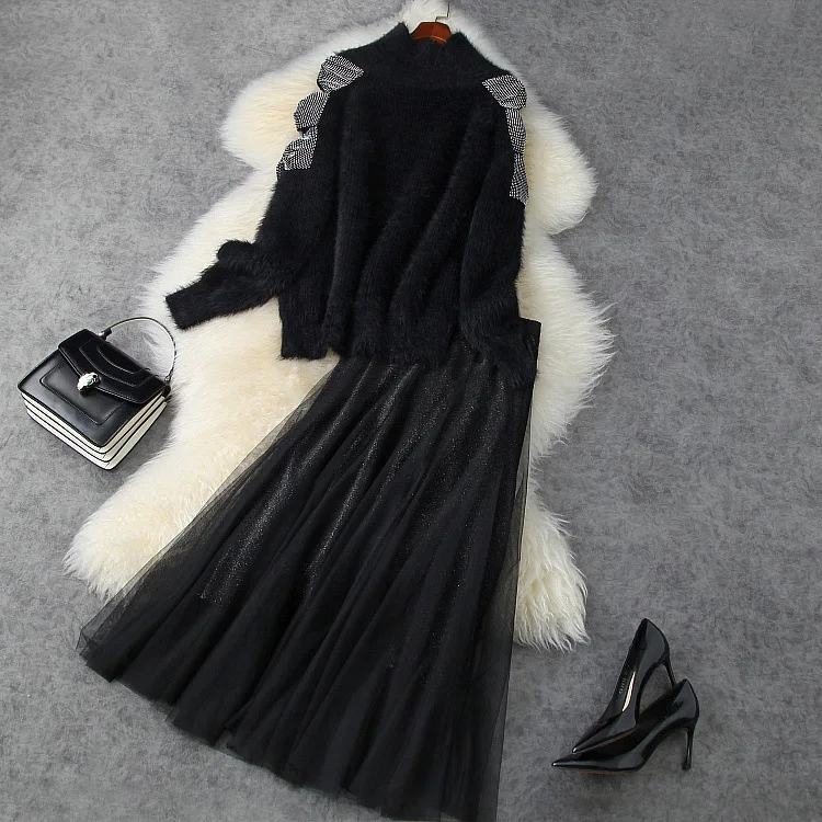

Женская зимняя одежда в европейском и американском стиле, новый стиль 2020, свитер с длинными рукавами и тюлевой юбкой, модный черный костюм