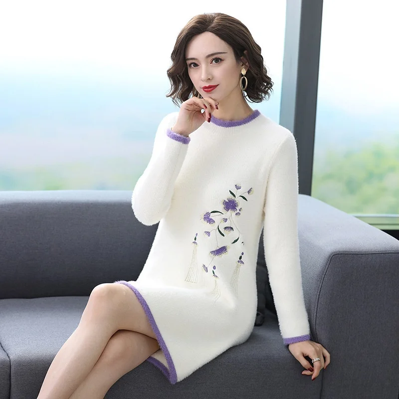 

Женское вязаное платье из искусственного меха норки, длинный женский свитер в Корейском стиле, элегантный женский свитер с воротником на ос...