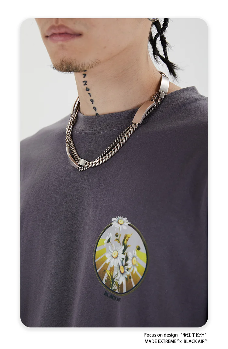 

Streetwear Autumn and Winter Men's Hip-hop Daisy Reflective High Street Top Bottoming Round Neck Cotton Men's T-shirt Unisex