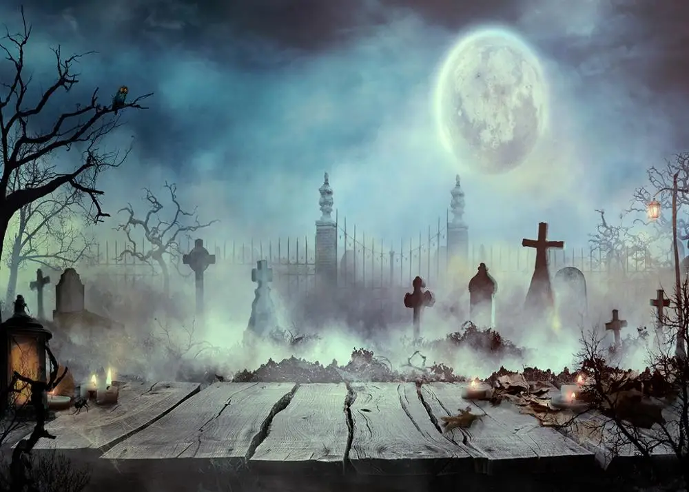 

photography Halloween backdrop cemetery fall night round moon wood floor terror backdrop background party photophone