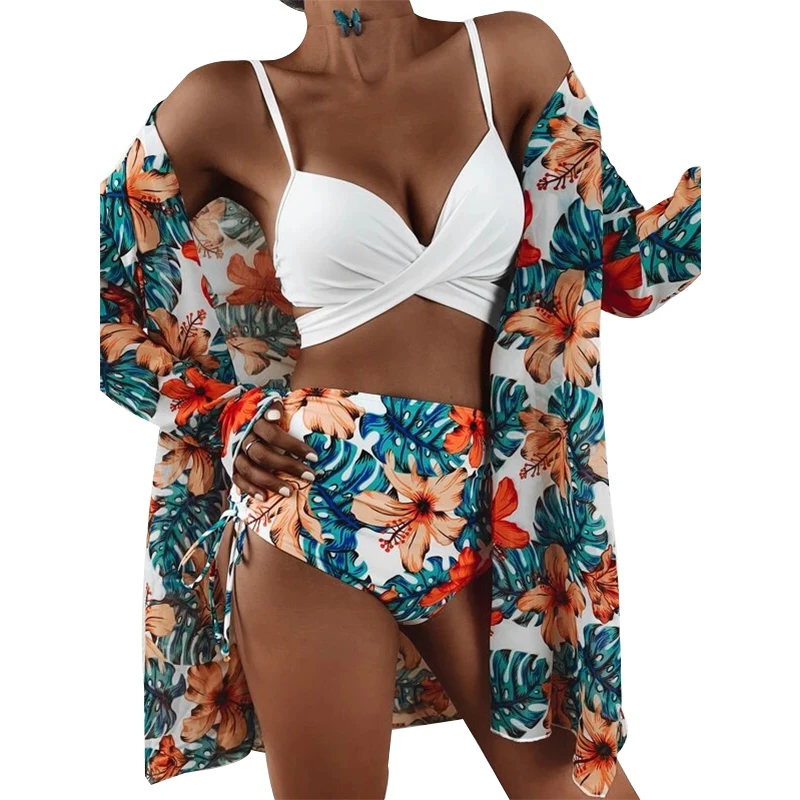 

3 Pack Floral&Tropical Push Up Underwired Bandage Women's Bikini Tied Side High Waist Swimsuit With Long Sleeve Cover Ups Kimono