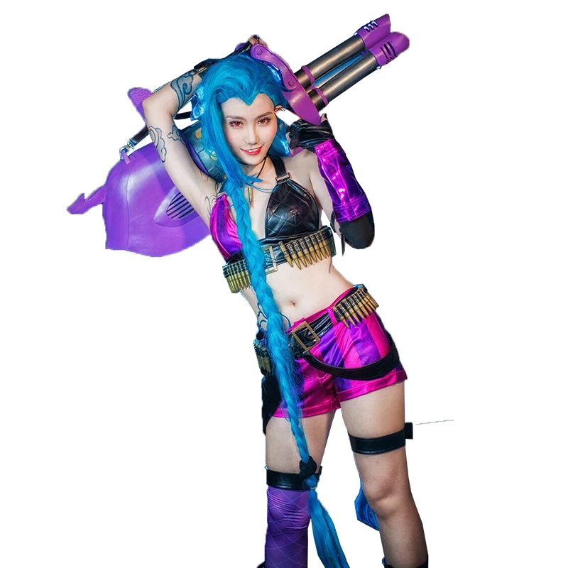 

Hot Game LOL Jinx Wigs Cosplay The Magic Girl Blue Double Ponytail Female Role Play Accessories