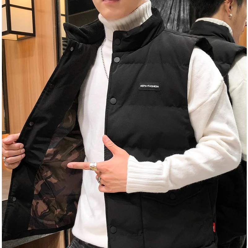 

Fashion simple autumn and winter black men's warmth thickened stand collar button casual all-match jacket vest