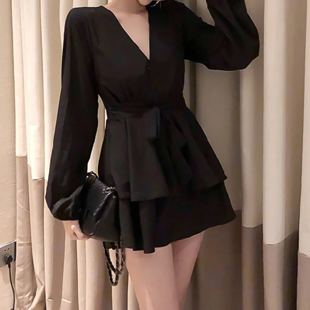 

Girls V-neck A-lineskirt Loose High Waist Cross Tie Long Sleeve Women Dress