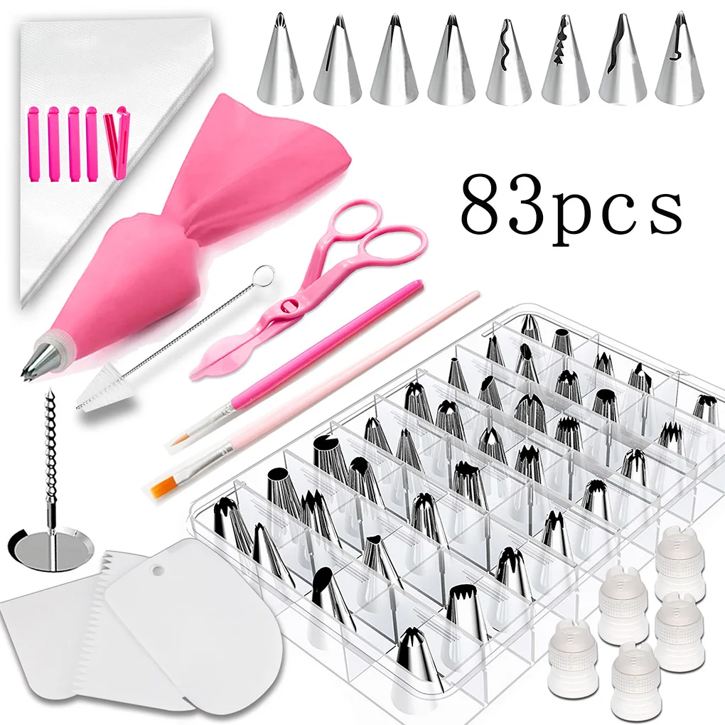 

83 Pcs/set Cake Decorating Icing Bag Nozzles Set Disposable Piping Bag Stainless Steel Nozzles Kit