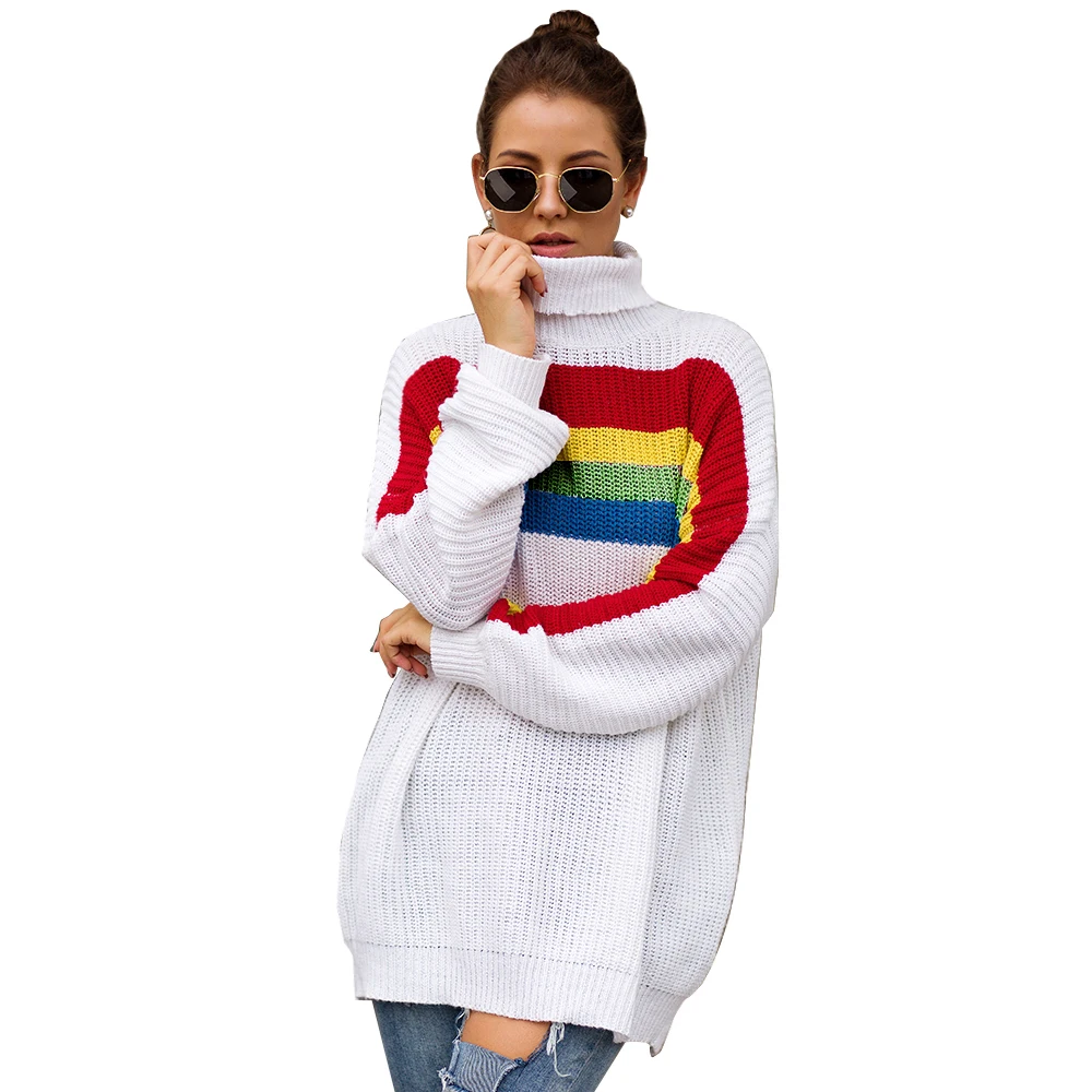 Осенне-зимний Новый стильный женский свободный вязаный свитер с высоким воротом