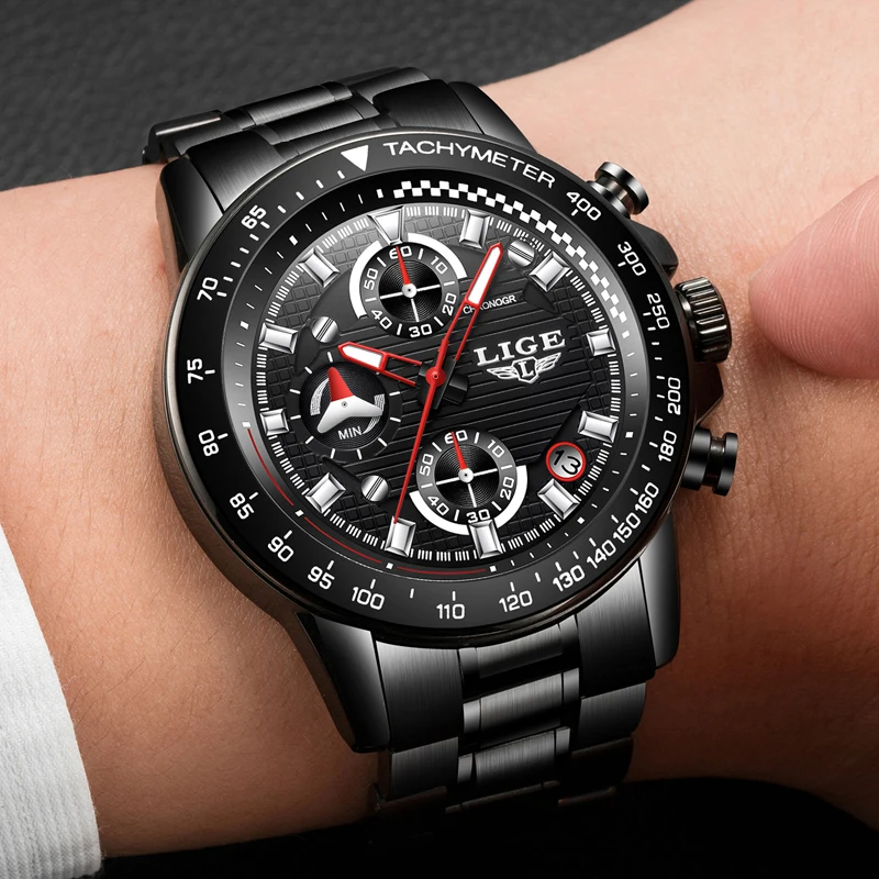 Часы наручные LIGE Мужские кварцевые брендовые Роскошные модные спортивные