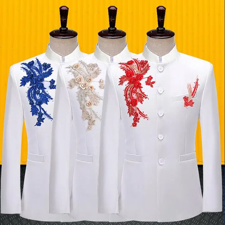 Blazer men Chinese tunic suit jackets formal dress mens wedding suits Choir costume singer stage applique clothing white
