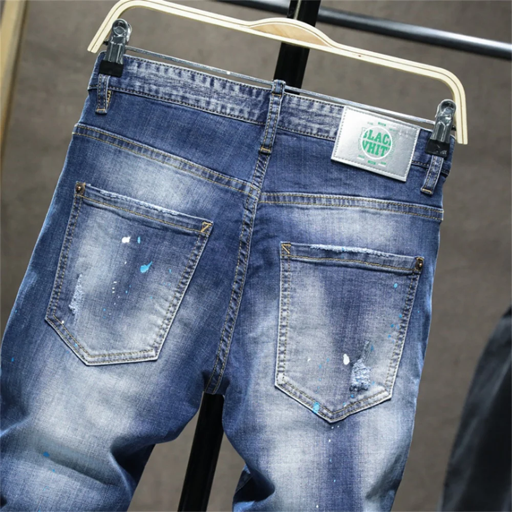 EH·MD® Ripped Plaid Lined Jeans Men's Inkjet White Paint Dots Soft Fabric Casual Loose Cotton Elastic Pants Badge Red Ear 2021