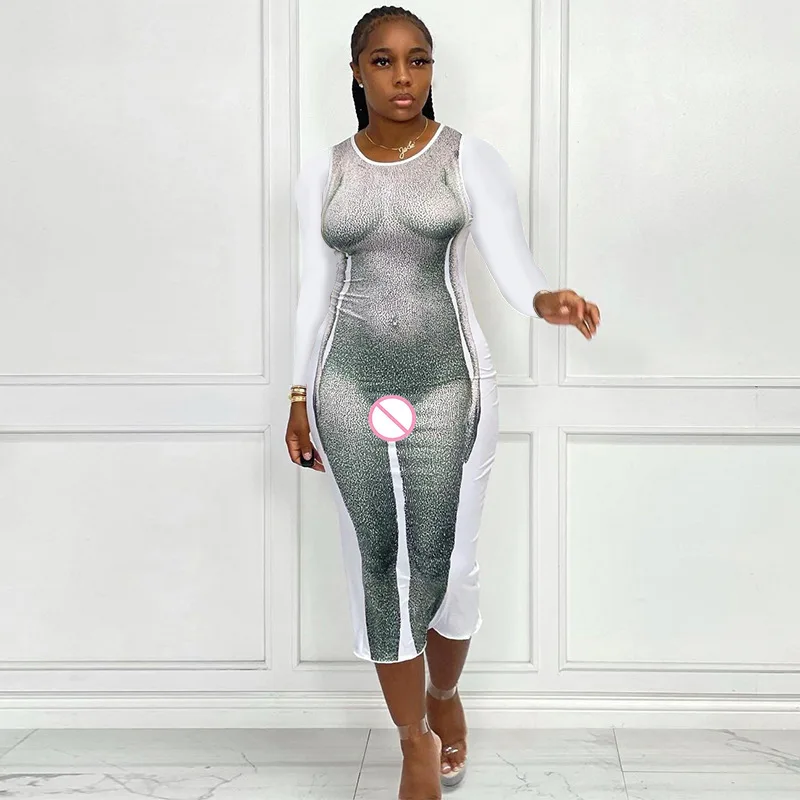 

Printed Dress Sexy Bodycon Aesthetic Stretchy Vintage Long Dress Women Clothes Autumn Casual Fashion Robe Y2k Maxi Party Dresses
