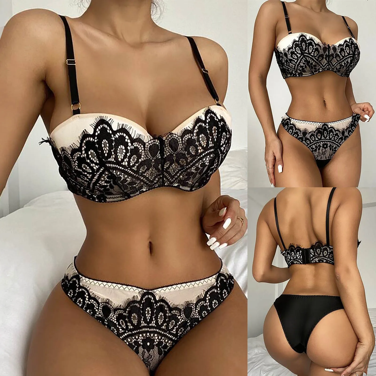 

Women Sexy Lingerie Sexy Backless Bra And Panty Set Lace Front Closure Seamless Push Up Underwear Wireless Lingerie Sets