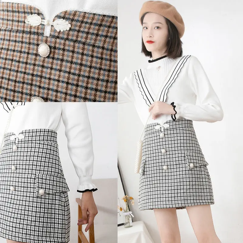

Autumn Winter Fashion Women's Skirt Woolen Plaid High Waist Slim Buttocks Short Mini Women Skirts Jupe Femme Khaki White Y727
