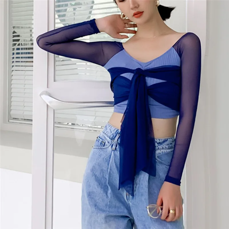

Womens Mesh T-Shirt See Through Yarn Bandage Casual Long-sleeved Fashion Transparent Stitching Slim Exposed Navel Crop Top