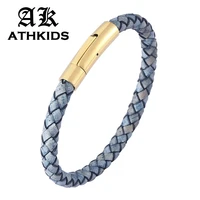 trendy blue braided leather bracelet unisex jewelry leather bangle stainless steel clasp men women wrist band gifts pd0466