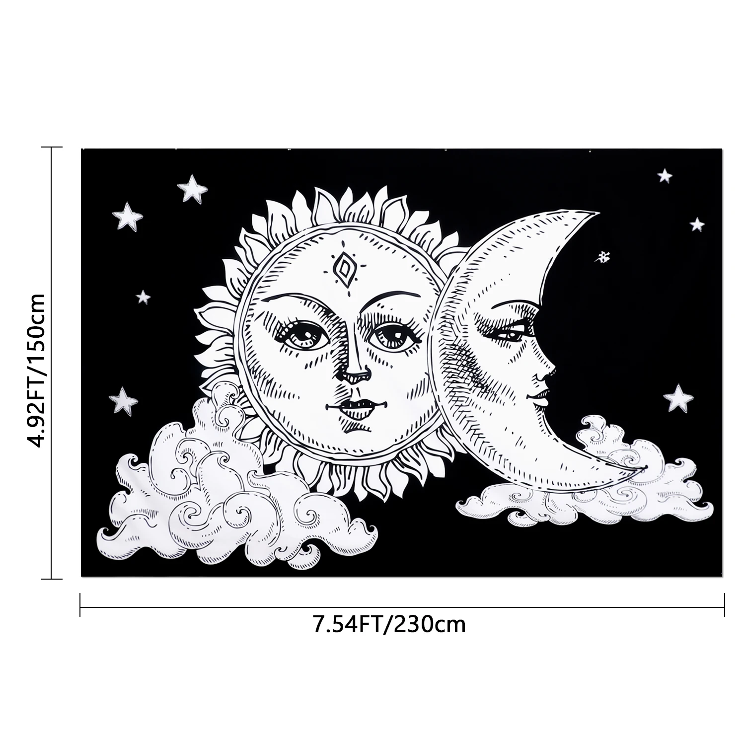 

Burning Sun Moon Stars Black White Tapestry Psychedelic Large Nature Night Sky Tapestry Wall Hanging Blanket For Bedroom Decor