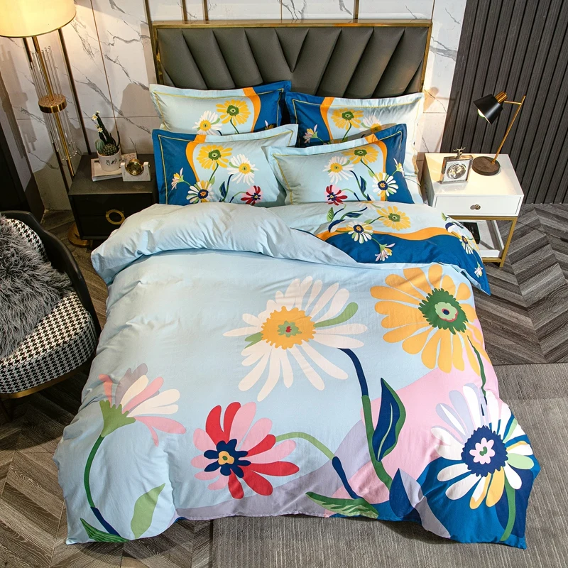 

American Style Bedding Set 100% Cotton Flower Duvet Cover+ Flat Sheet+Pillowcase Bohemia Bed Linen 4pcs Ink Print Bedclothes New