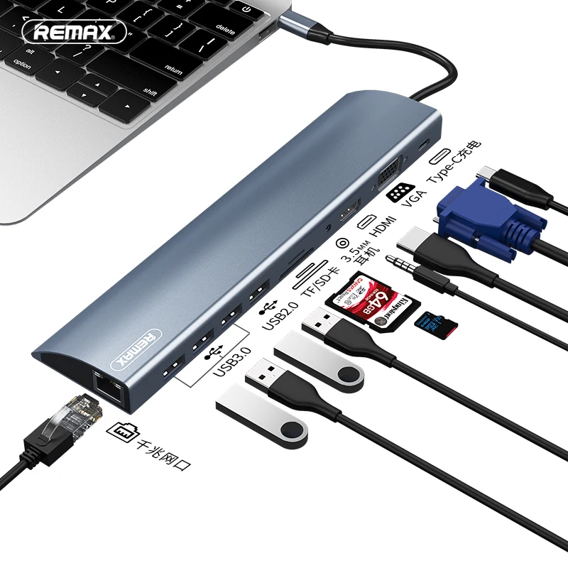 

remax 6 in 1/8 in 1/11 in 1 HUB 4K USB Type-C to USB 3.0 TF/sd HDMI VGA RJ45 3.5mm Docking Station Laptop