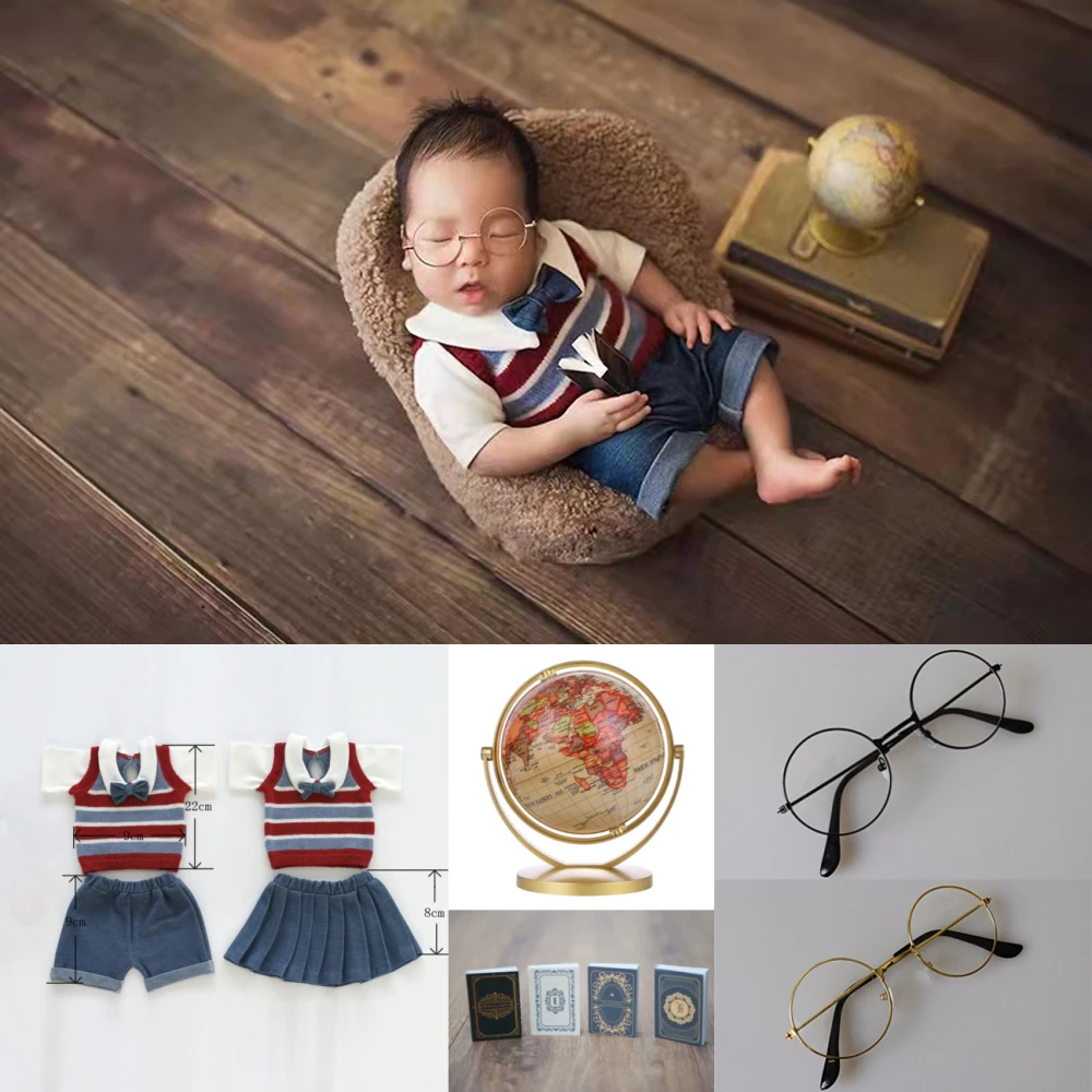 

Dvotinst Newborn Baby Boy GirlsPhotography College Outfit Set Books Glasses Globe Creative Mini Props Photo Shooting Accessories