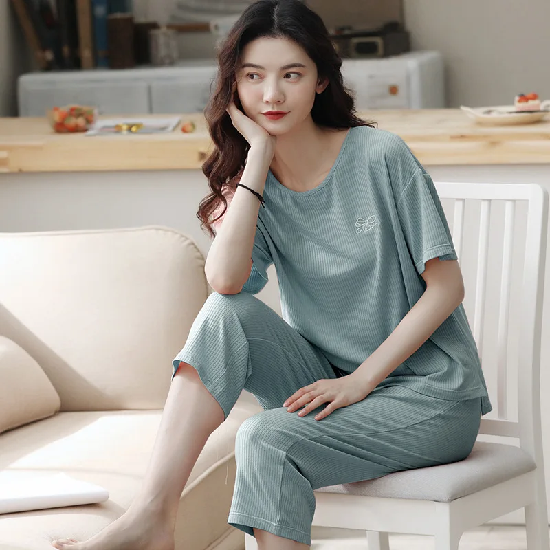 

women summer thin short-sleeved cropped pants home service sleepwear women women sleepwear Modal pajamas