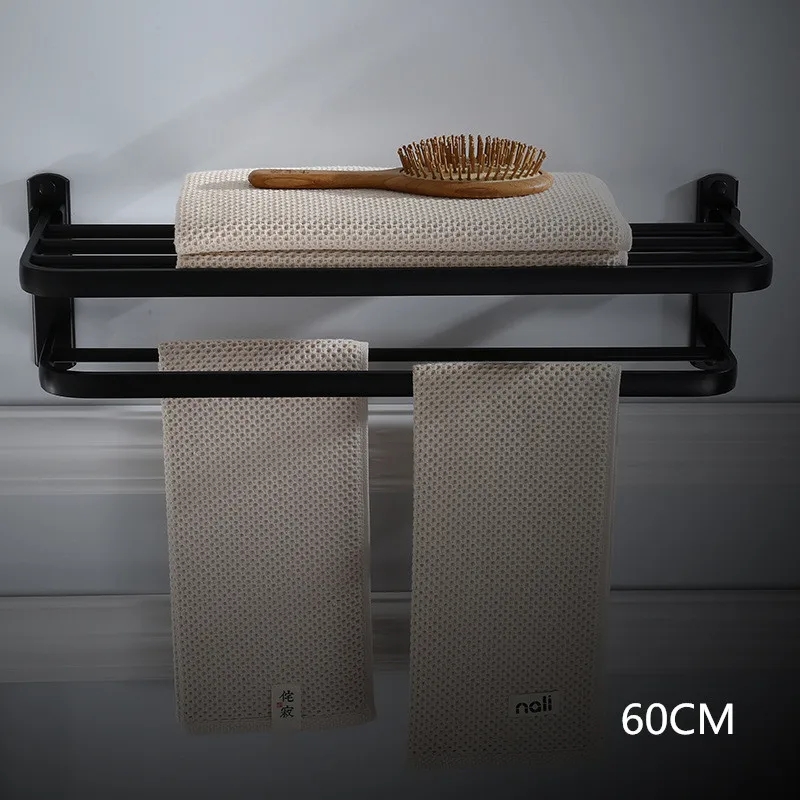 black 60cm Vidric держатель для полотенец для ванной комнаты с двумя полосками алюминиевый черный держатель для полотенец Складной настенный держатель для полотенец 50-60 см вешалка для полотенец - Color: black 60cm