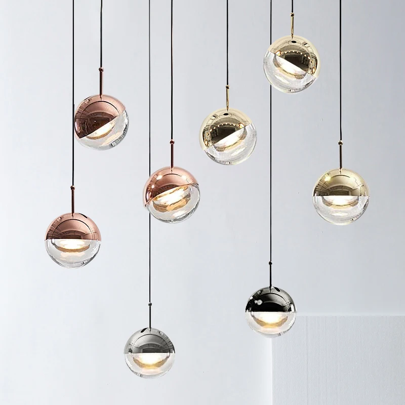 

Подвесной светодиодный светильник в скандинавском стиле, лампа в форме шара с кристаллами цвета розового золота, освещение для гостиной, ба...