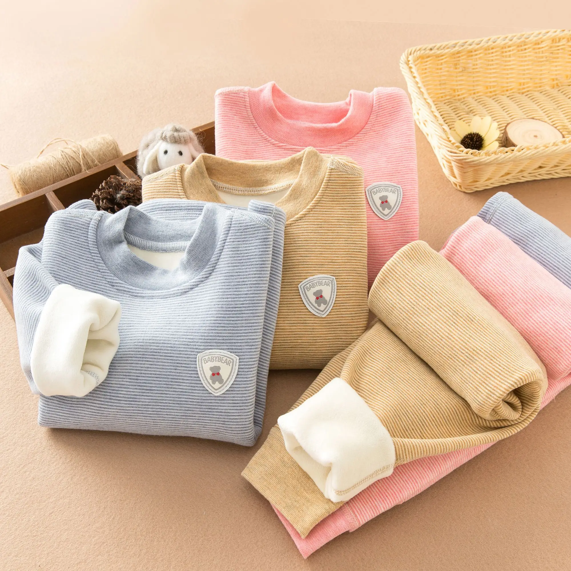 Conjunto de pijama de franela para ni&ntilde;os y ni&ntilde;as, ropa interior t&eacute;rmica a rayas, c&aacute;lida para beb&eacute;, pijamas de lana, Invierno-0