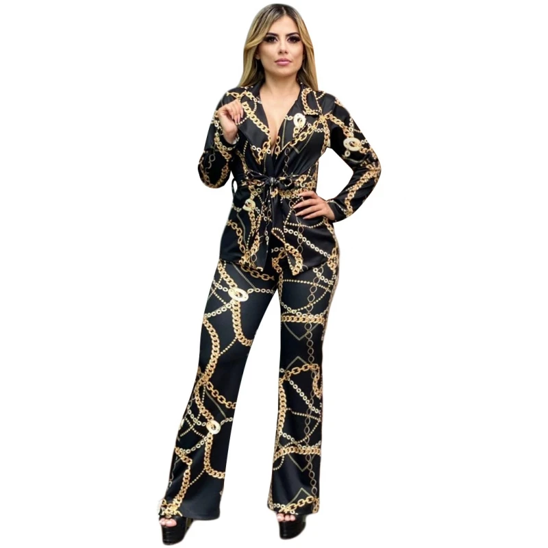 

Women Sets Long Sleeve Chain Print Button Up Blazer Tops And Pants Set Elegant Office Ladies Suits Female Workwear Matching