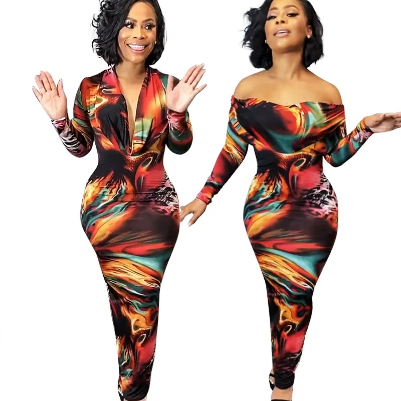 

Сексуальное платье размера плюс S-5XL 2020 для женщин; Сезон весна; Новинка; Модные с низким вырезом, с длинным рукавом платье-футляр с длинными д...