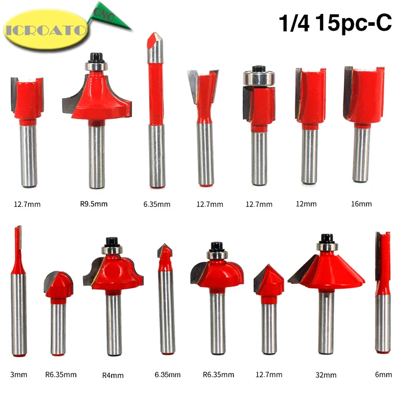 

15pcs Milling Cutter Router Bit Set 1/4" 6.35mm Wood Carbide Shank Bit Woodworking Trimming Engraving Carving Cutting Tools Set