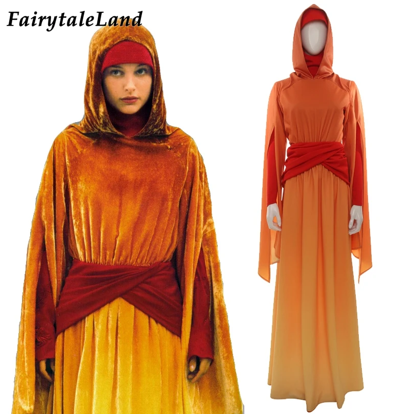 Billig Stern Schlacht Königin Padme Amidala Cosplay Kostüm Phantasie Halloween Prinzessin Handmaidens Kleid Orange Robe Party Anzug