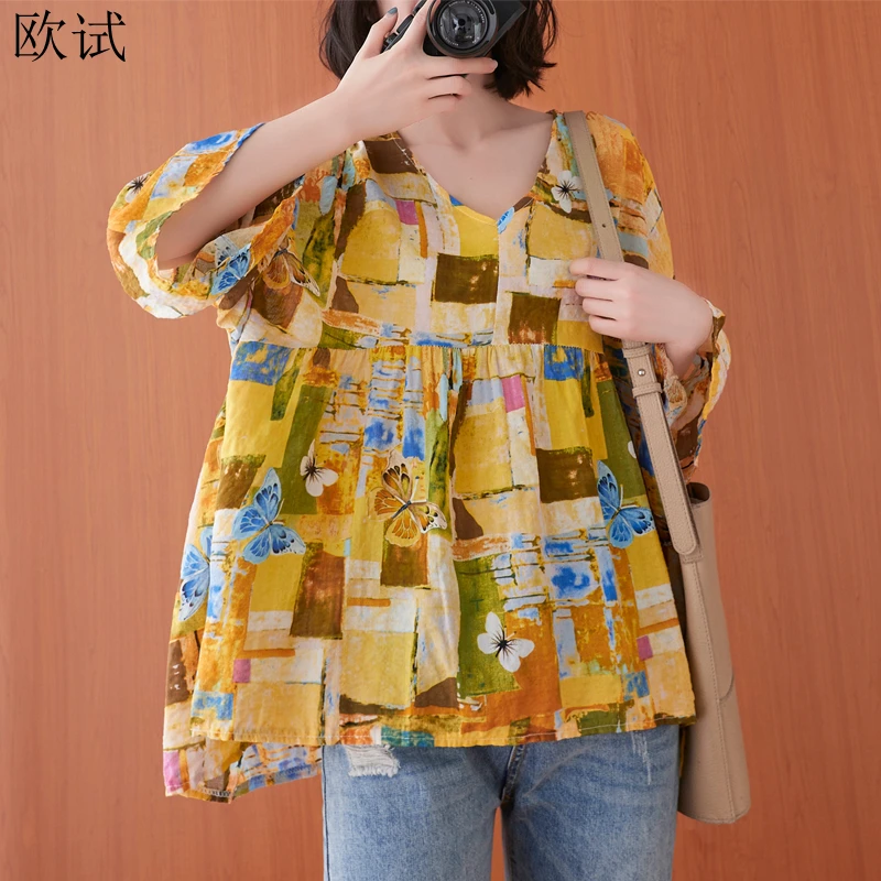 

Oversized Summer Women Cotton Linen Plaid Floral T-shirt Loose Casual Femme T Shirt New Vogue Mujer Tees Tops Ladies Tshirt 2021