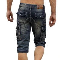 mens fashion cargo denim shorts with multi pockets slim fit military jeans shorts for male washed