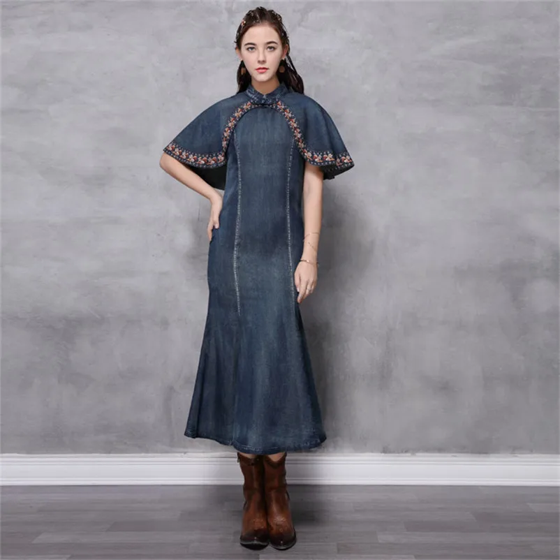 

Women's Denim Dress 2020 Vintage Summer Women Cloak Sleeve Dresses Stand Collar Mermaid Cheongsam Female Cotton Vestidos