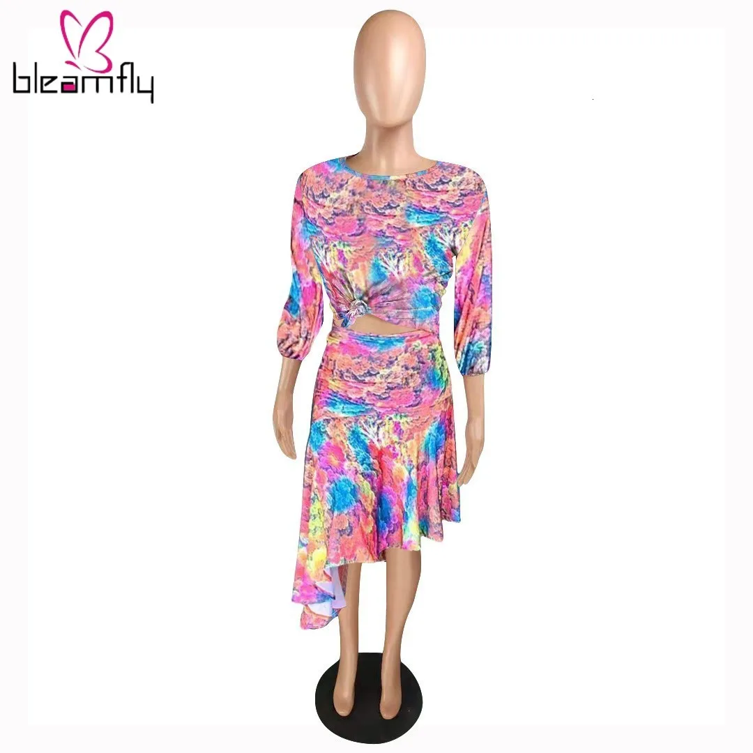 Женский осенний костюм с принтом Галактики длинным рукавом и круглым вырезом топ